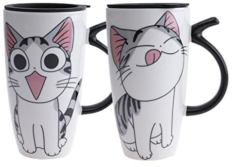 lachineuse - Set 2 Mugs Chat Kawaii Gourmand 600ml - Grands Mugs XXL Blanc en Porcelaine - Mugs Japonais à Thé & Café - Avec Couvercle Isotherme - Lucky Cat - Tasse Idée Cadeau Japon Asie - Mug Géant