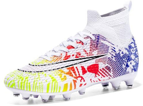 VTASQ Scarpe da Calcio Uomo Erba Tacchetti Teenager Adulto Training Alte Scarpe da Calcetto Spike Professionale Scarpe da Allenamento Unisex Bianco 35EU