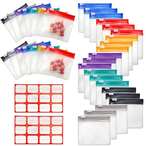 35+2 Pcs Pill Pouch Bags Zippered Pill Pouch Set with 2 Sheets Label, 7 Colors Pill Pouches for Medicine Travel Reusable Small Plastic Pill Bags for Travel/Home Daily use