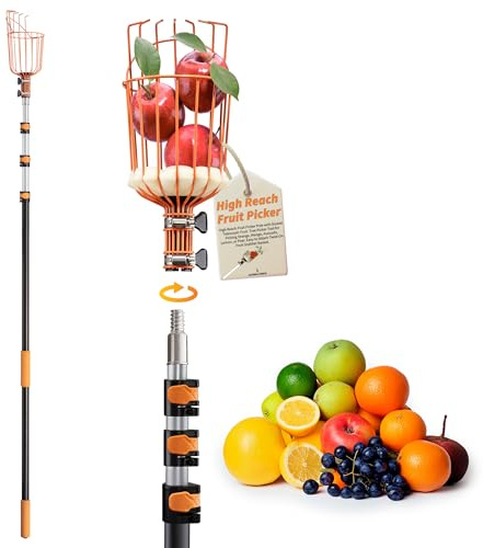 Fruit Picker Pole with Basket Telescoping 4-12 ft Apple Picker Extension Pole // Telescopic Fruit Tree Picker Tool for Picking Orange Mango Avocado Lemon Pear // The Ultimate High-Reach Fruit Grabber