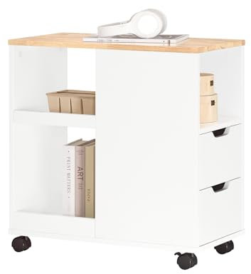 SoBuy FBT130-WN Druckertisch mit Rollen Druckerständer Druckerschrank Aktenschrank Rollcontainer mit Fächern Bürowagen Beistellwagen Bürocontainer Weiß-Natur BHT ca. 30x60x60cm