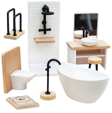 Toilette per la casa delle Bambole, Set da Bagno per Bambole 8 Pezzi/Set 1: 12 Toilette per Bambole realistiche in Miniatura mobili per la casa Decorativa in Legno per Il Gioco Finto