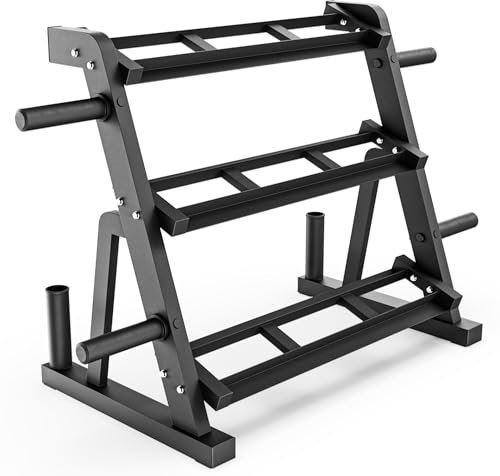 Synergee 3-Tier Dumbbell Storage Rack with 2 Barbell Holders and 4 Weight Plate Pegs – Holds 1 and 2 Weight Plates – All-in-One Home Gym Equipment Organizer