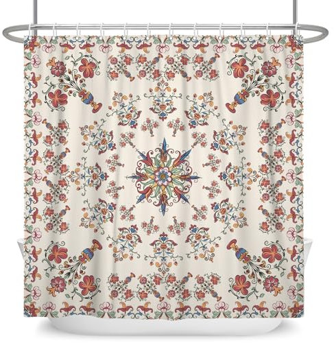 ASDCXZ Rideau de douche bohème, 180 x 180 cm, style vintage, floral, géométrique, style bohème, beige, lavable, en polyester, imperméable, anti-moisissure, pour baignoire, avec 12 crochets