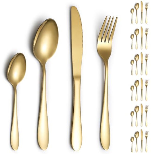 Cutlery Sets 24 Pieces Service for 6, ReaNea Gold Titanium Plating Flatware Set Include Dinner Knives, Dinner Spoons, Dinner Forks, Teaspoons, Dishwasher Safe