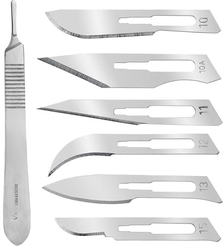 Lot de 60 lames de scalpel stériles à usage unique – Figure 10, 10A, 11, 12, 13 et 15 – 10 pièces de chacune – Avec support de scalpel