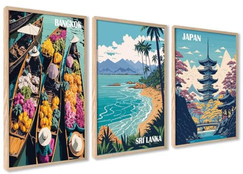 ag.art deco Asien Travel Poster Set | 3 x 30x40cm mit holz Rahmen | Bangkok Sri Lanka Japan Vintage Illustration Wandbild für Badezimmer Wohnzimmer | ohne Rahmen