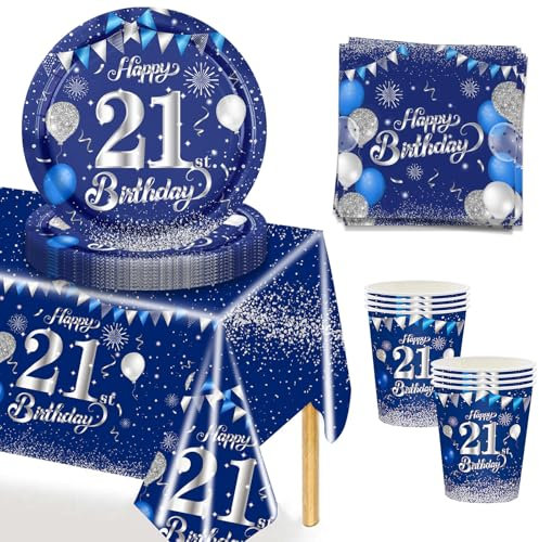 MORAINJAY 53Pcs Birthday Tableware Set for 21,Navy Blue Silver Tableware Set for 21st Birthday Party with Plates,Napkins,Tablecloth,Dinnerware Set for 21,Party Supplies Table Decor for Him,Men,Adults