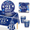 MORAINJAY 53Pcs Birthday Tableware Set for 21,Navy Blue Silver Tableware Set for 21st Birthday Party with Plates,Napkins,Tablecloth,Dinnerware Set for 21,Party Supplies Table Decor for Him,Men,Adults