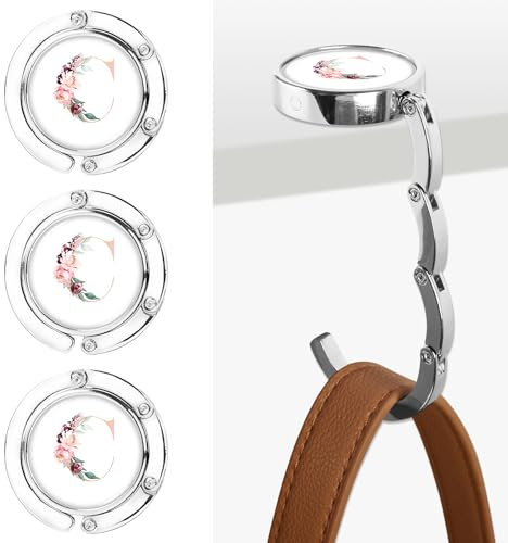 3pcs Personalized Initial Flower Folding Handbag Hanger Portable Magnet Table Hook Holder, Desk Purse Hooks for Women's Bags (Scratch-Resistant, Pink)