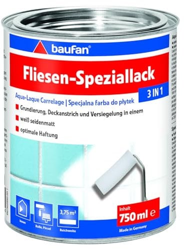 Baufan Fliesen-Speziallack 3 in 1 weiß seidenmatt - Fliesenlack Badezimmer, Küche und Innen-Wohnräume, Fliesenfarbe für Deckanstrich, Grundierung & Versiegelung