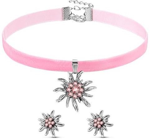 Sinmoe 3 Stück Trachtenschmuck Set Bayerisch Bierfest Dirndlschmuck Elegante Trachtenkette mit Ohrstecker Edelweiß Halskette Samt Kropfband für Damen Bierfest Trachten Dirndl Accessoires(Rosa)