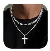 JeweBella Kreuz Kette Herren Männer Silber Geschichtet Kreuzkette Edelstahl Halskette Herren Kette mit Kreuz Anhänger Silber Schmuck Geschenke für Männer Junge 41-61CM