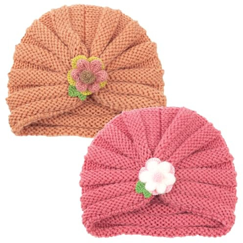 LECTNORE Babymützen und -Kappen, 2-teiliges Baby-Mützenset für 6–12 Monate, Neugeborenenmütze, süße kleine Blumen, Turbanmütze, Winter-Herbstmütze für Neugeborene, Kleinkinder (Aprikose + Rosa)