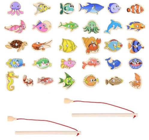 Oykrueats Kinder Angelspiel,31 Stück Angelspiel Holz Spielzeug,Zwei Angeln,Magnetisches Fishing Game,Puzzles Angelspiel Magnet,Feinmotorikspielzeug Lernspielzeug Geschenk für Kinder Mädchen Jungen