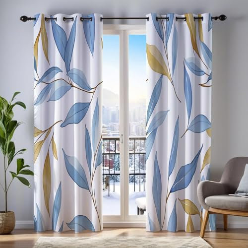 MULERN 2Er Set Blickdicht Vorhänge Wohnzimmer, 3D Blau Und Gelb Blätter Muster Blickdicht Schlaufenschal Pflanzen Verdunkelungsvorhang, Lärmminderung Gardinen Fensterdekoration H245 X B140 cm