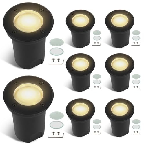 Fiqops 8pcs Spot encastrable étanche IP67 Noir ronde avec LED GU10 3W blanc chaud interchangeable,Projecteur de sol orientable ave lentille de réserve,Luminaire de sol pour chemin/jardin 230V
