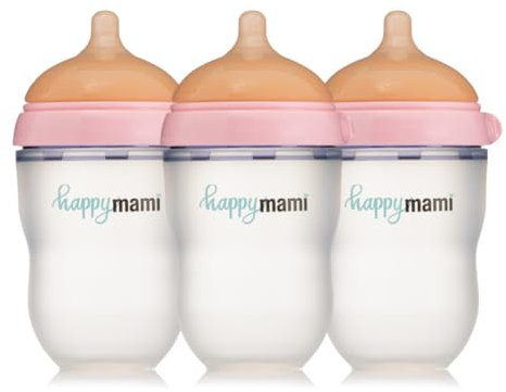 HappyMami - Set de 3 Biberons en Forme de Sein, Biberons,Tétine en Silicone de Qualité Médicale, Double Système Anti-Colique, sans BPA, Lavable au Lave-vaisselle, Chauffe-biberon (Rose 250ml)