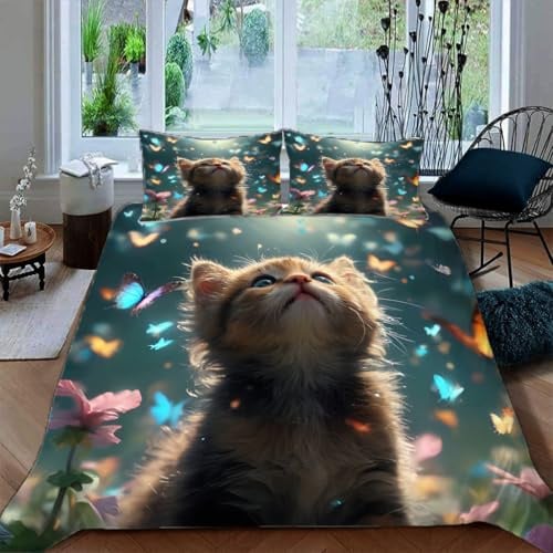 Zbeiba Bettwäsche 155x220cm Katze im Schmetterling Bettbezug und 2 Kissenbezug 80x80cm 3 teilig,#1,3D Drucken Bettbezug Mit Reißverschluss