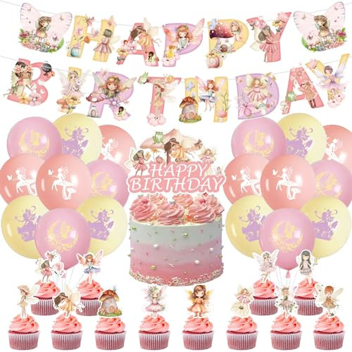 Ragazza Compleanno,YUEcthynous 32 Pezzi Decorazioni Compleanno Fiori di Fata Palloncini Fata Feste di per Palloncini Striscione Cake Topper Decorazioni per Bambini Farfalla Favor