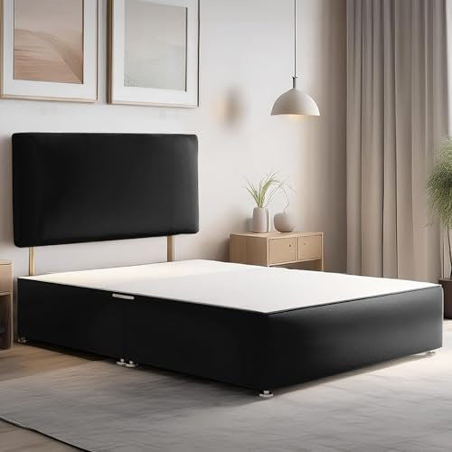 ComfoRest Double Divan Bed Base with Headboard - 4FT6 - (Black Plush) - Simple Frame for Daily Use - Space-Conscious Option for Modern Bedrooms - No Mattress, No Drawers