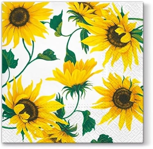 Sonnenblumen-Servietten, Sonnenblumen auf Weiß, 40 Stück, Herbst-Servietten, Geburtstagsparty-Zubehör, Decoupage-Papier zum Basteln (Mittagessen)