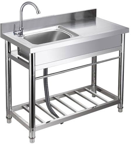 Évier Inox de Cuisine con Robinet and Établi, Évier de Extérieur Commercial con Rack de Stockage, Kit de Drainage pour Cuisine, Restaurant, Garage, Jardin, 100 * 51 * 90 CM