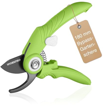 WORKPRO Bypass Gartenschere 180 mm, Pflanzenschere Baumschere Rosenschere für Frisches Holz , Klinge aus SK5-Stahl mit Antihaft-Beschichtung, Schneiddurchmesser 15 mm für Kleine Hände