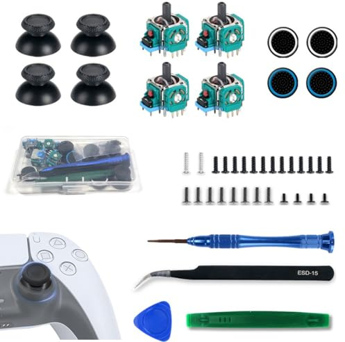 Ruayia Hall Effekt Sticks Kompatibel mit Play Station 5 PS5, Elektromagnetischer Joystick Ersatz mit 4 Stück Daumenkappe, Ersatz Trimmer Potentiometer Sensor Kit Ersatz