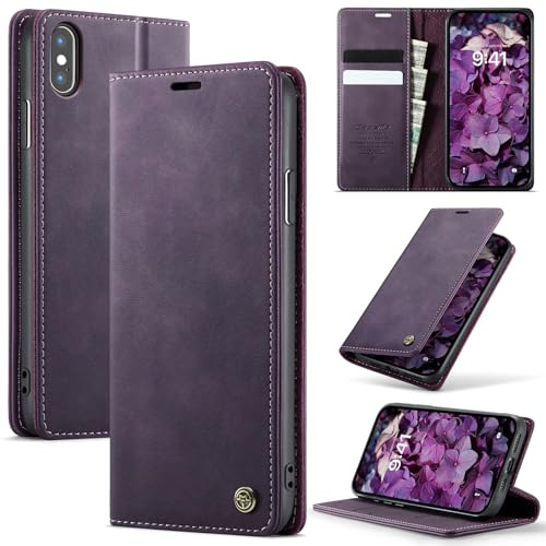 Cracedily Wallet Case for iPhone X Leather Wallet Flip Cover with Card Holder, Kickstand, Magnetic Closure, RFID Blocking TPU Shockproof Phone Case Compatible with iPhone XS, Purple
