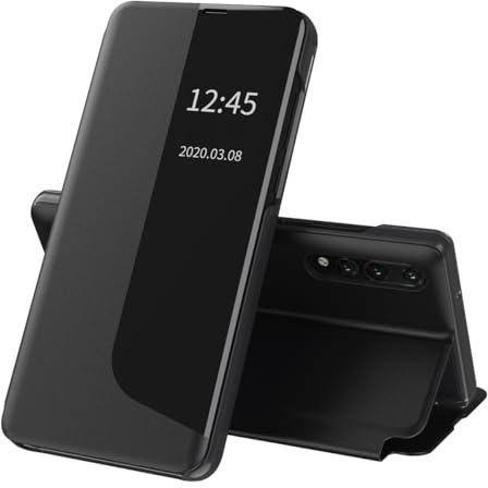 Techsuit für Huawei P20 Pro Klapphülle mit Kartenfach, Standfunktion, Smart View Fenster, Kameraschutz, Kratzfest, eFold Series, PU Leder, Schwarz