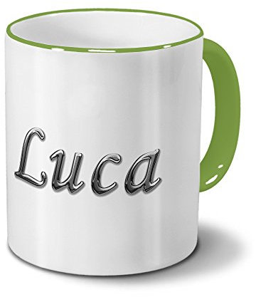 printplanet Tasse mit Namen Luca - Motiv Chrom-Schriftzug - Namenstasse, Kaffeebecher, Mug, Becher, Kaffeetasse - Farbe Grün