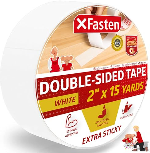 XFasten Extra Sticky Double-Sided Tape, White, 2-inch x 15-Yard, Extreme Bonding for Anti-Scratch Cat Training Tape, Rug to Carpet Anti Slip Gripper Tape, and Woodworking