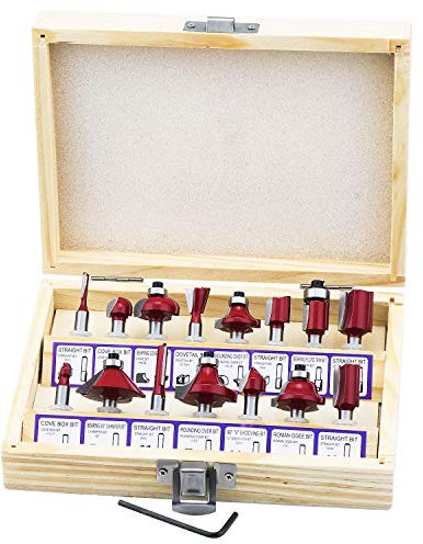HSEAMALL 15 tlg.Fräser Set 6.35 mm Schaft Fräser für Oberfräse Holzfräser Oberfräsen Zubehör für Holz koffer