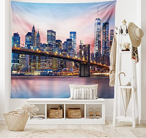 ABAKUHAUS Stadt Wandteppich und Tagesdecke, Sonnenaufgang in Brooklyn Bridge aus Weiches Mikrofaser Stoff Waschbar ohne Verblassen Digitaldruck, 230 x 140 cm, Rosa Blau