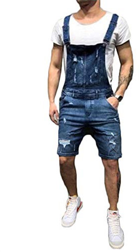 DianShaoA Tuta Corta in Denim Pantaloncini di Jeans vestibilità Slim da Uomo Cinturino Regolabile Tasche con Foro Salopette Blu Marino L