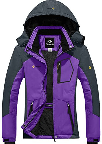 GEMYSE Damen Wasserdichte Winddichte Skijacke Winterjacke Wanderjacke Hardshelljacke Regenjacke mit Kapuze (Lila Grau,L)
