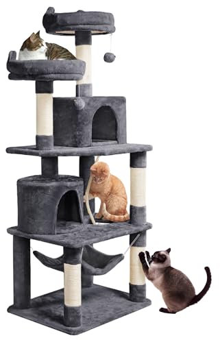 Yaheetech 158cm Multi-level Cat Tree Tower Large Kitten Scratching Posts with Condos/Perches/Hammock Broad-space Kitten Activity Centre, Dark Grey
