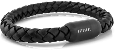 Akitsune Portus Nautical Rope Leather Bracelet | Magnetic Capsule Closure Link Bangle Trinket Women Anchor Men Maritim - Matte Black-Black 19cm