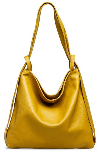 Caspar 2in1 Große Leder Rucksack Schultertasche XL Elegante Damen Handtasche - PREMIUM LINE - Modell No.786 - Made in Italy, Farbe:curry, Accessoires:One Size