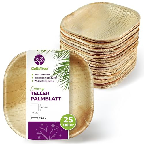 GoBeTree Assiettes Jetables en Feuille de Palmier, 25 Assiettes carrées de 10 cm pour Barbecues, Pique-niques, Similaires au Bambou, Plus Résistantes que les Assiettes en Papier