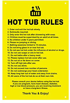 Origin Modernes Schild für den Außenbereich mit einer Liste von Gesundheits- und Sicherheitspunkten über die Verwendung eines Whirlpools. Ideal für den Einsatz in Ferienwohnungen (gelb).