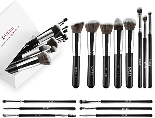 DULEE 14 Stück Make Up Pinsel Set Professionelle Premium Synthetische Bilden Kosmetik Pinsel für Foundation Pinsel Eyeshadow Blending Face Powder Blush Concealer Beauty Brush Kits,Silver