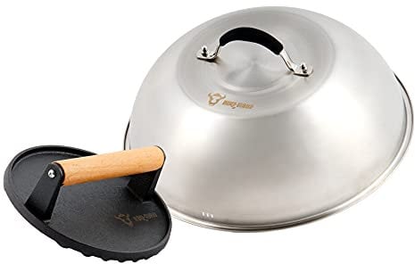 BBQ-Toro Edelstahl Wärmeglocke mit Gusseisen Fleischbeschwerer | Ø 31,5 cm | Burger Glocke mit Fleischpresse, Melting Dome, Schmelzglocke Grill, Glosche, Burgerglocke Edelstahl, Servierglocke