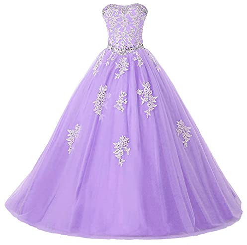 Xinaier Damen Trägerlos Lang Tüll Abendkleid Festkleider Elegante Spitze Ballkleid Brautkleider Flieder Größe 44