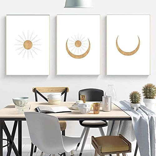 marca generica Abstrakte Rose Gold Landschaft Sonne und Mond Szene Boho Leinwand Malerei Wandkunst Bilder Poster für Wohnzimmer Wohnkultur Ungerahmt-40x50cmx3