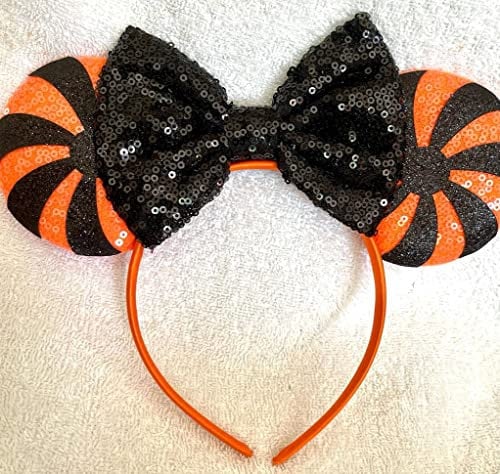 Minnie Mouse Black sequence glitter pumpkin orange ears headband Halloween for kids and adult