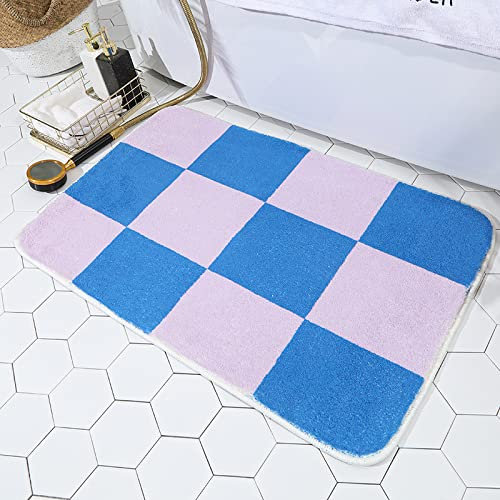 ZZDXL Badezimmerteppich Blau Kariert Duschvorleger rutschfest Badematte Saugfähig Badvorleger Gross Badteppich Mikrofaser Badteppiche Maschinenwaschbar50×80cm