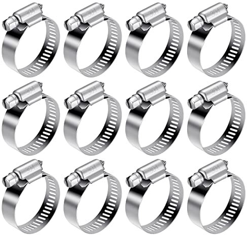 12 Pcs Hose Clips Set, Adjustable 16-25mm Range Hose Clamps 304 Stainless Steel, Hose Screws Pipe Clamps Clips Assortment for Hose Pipe Tube