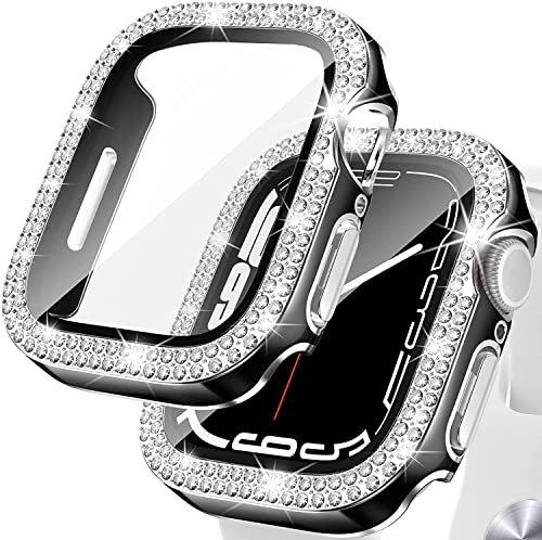 Kamita Funda Diamond para Apple Watch 41mm Series 7/8/9, Estuche para PC Versátil con Pantalla de Vidrio Templado, Bling Case Protectora Parachoques (Lata-Negra)
